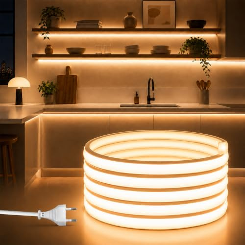 Sunshine smile Tira LED COB de 5 m, conexión directa de 220 V con enchufe europeo, blanco cálido 3000 K, tira LED flexible impermeable de alta densidad, para dormitorio, armario, hogar, decoración de