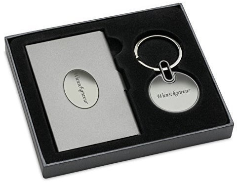 Visitenkartenetui Visitenkartenbox und Schlüsselanhänger Set graviert m. Gravur Gunmetal