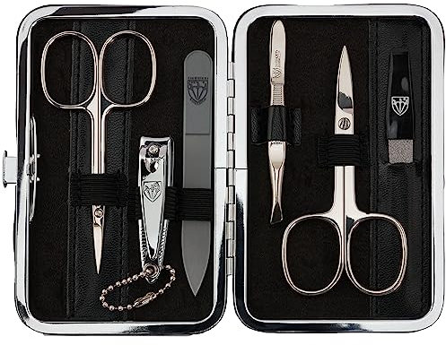 DREI SCHWERTER - Germany 6-tlg. Maniküreset 'Genova' | Nagelpflegeset in schwarzem Kunstlederetui | Inhalt: Nagelschere, Hautschere, Nagelknipser, Glasnagelfeile, Pinzette, Saphirnagelfeile