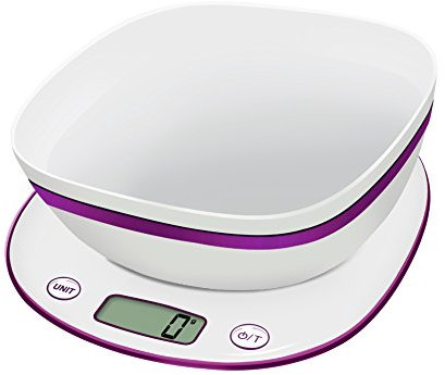Terraillon Balance de Cuisine, Avec Bol, Tare, Conversions Liquides, Poignée intégrée, Portée 6 kg, Macaron Michalak, Blanc/Violet