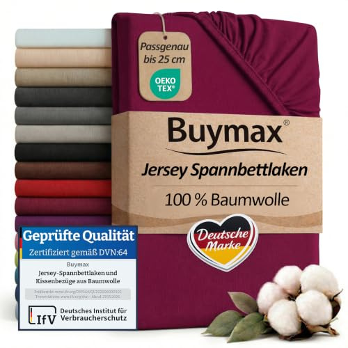 Buymax Spannbettlaken 120x200cm Baumwolle 100% Spannbetttuch Bettlaken Jersey, Matratzenhöhe bis 25 cm, Farbe Bordeaux