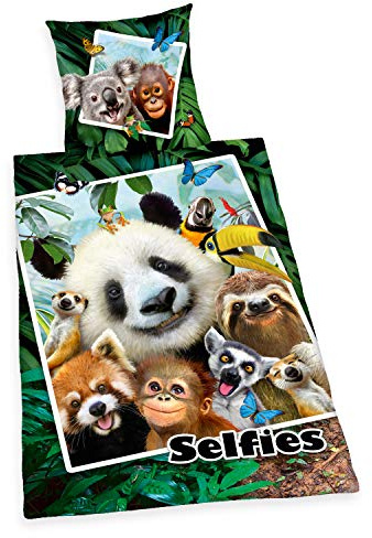 Herding Selfies Jungle Bettwäsche-Set, Wendemotiv, Kopfkissenbezug 80 x 80 cm, Bettbezug 135 x 200 cm, Baumwolle/Renforcé, Mehrfarbig