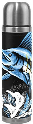 Blauer Fisch Kunst Wasserflasche Wasserkanne Edelstahl Isolierte Isolierflasche Auslaufsicher Leder Verpackung(500 ml)