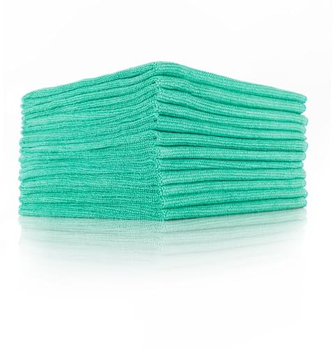 The Rag Company - The Pearl - Professional Microfiber Detailing Towel for Ceramic Coating Leveling and Sealant Removal, Safe and Scratch-Free with No Tags, 320gsm, 16in x 16in, Green -12 Pack