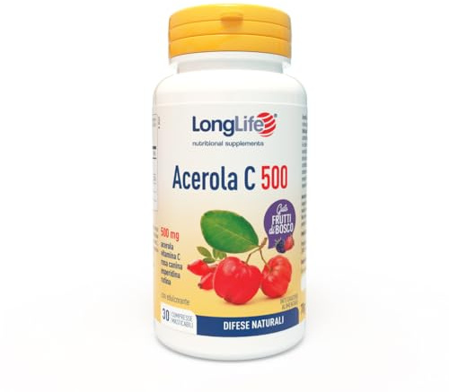 LongLife® Acerola C 500 | Integratore masticabile con acerola, vitamina C, rosa canina, esperidina e rutina | Difese immunitarie | 30 cpr | Gusto frutti di bosco | Vegano e senza glutine