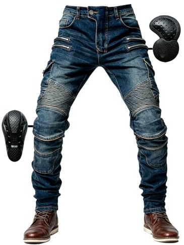 SHUOJIA Herr motorcykelbyxor jeans med skydd motorcykel cykelbyxa 4 x skyddsutrustning (blå, S)