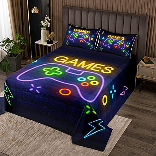 richhome Spiele Tagesdecke Bettüberwurf Steppdecke,Videospielkonsole Bed Cover/Sofa Cover Patchwork,Lila Neonlicht Softest Bettüberwurf Gesteppte Decke 3St,240x260