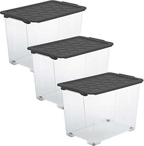 Rotho Evo Safe 3er-Set Aufbewahrungsbox mit Deckel 65 L Rollen Anthrazit | Aufbewahrungsboxen, Boxen Aufbewahrung, Kisten Aufbewahrung mit Deckel, stapelbar, verschließbar, transparent, pflegeleicht