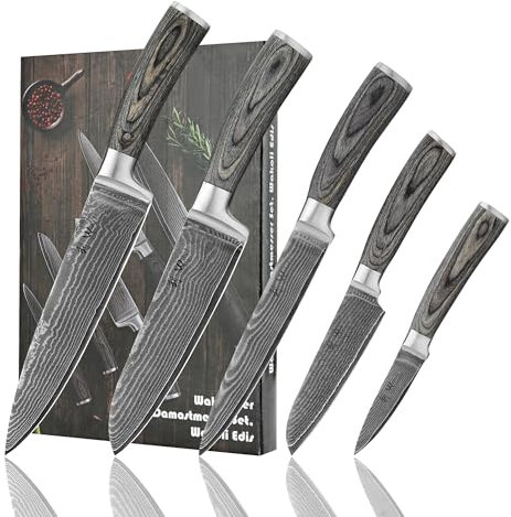 Wakoli Edis Damastmesser-Set | 5-teilig, 8–20 cm aus 67 Lagen Damaststahl mit VG10-Kern | ergonomischer Pakkaholzgriff | für Fleisch, Fisch & Gemüse | in eleganter Geschenkbox für Hobby- & Profiköche