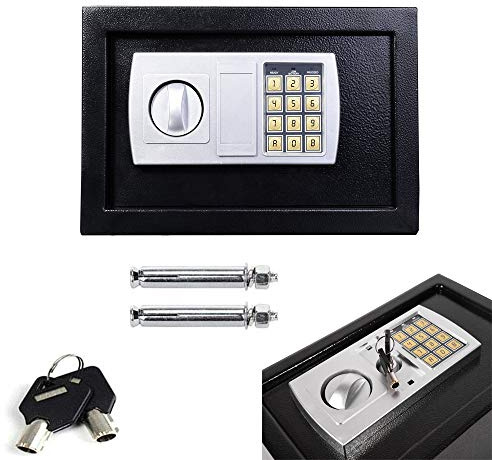 Cassaforte Elettronica con PIN Code e 2 Chiavi, Cassetta di Sicurezza Digitale da 8,5L per Home Office Hotel, Bulloni di Chiusura in Acciaio, Casseforti a Muro, 31x20x20cm, Nero