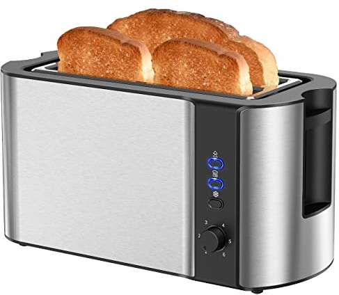10'' Long Slot 2 Slice Stainless Steel Toaster, 4 Slice, Warming Rack & 6 Shade Settings, Defrost/Reheat/Cancel, For Croissants & Bread (Silver)