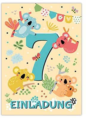 Junapack 12 Einladungskarten zum 7. Kindergeburtstag siebte Geburtstag Mädchen Jungen Koala