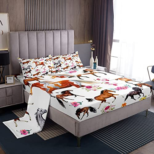 Juego de sábanas de caballo para niñas y niños, con diseño floral de rosas y caballos galopantes, sábana bajera ajustable de bolsillo profundo, juego de sábanas de caballo al galope, tamaño King, 4