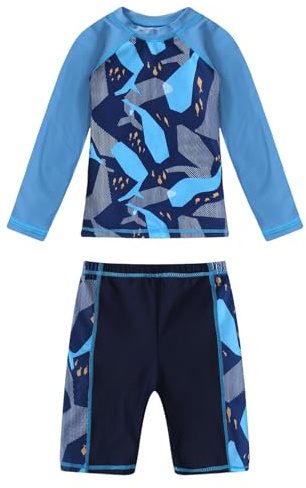Runhomal Baddräkt för barn, pojke, anti-UV, långärmad, t-shirt med rashguard, badshorts för surfing, simning, strand, 1–17 år, Marinblå haj, 6-8 år