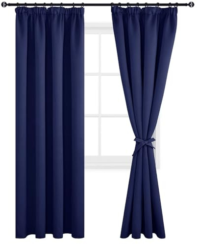 DWCN Blickdichte Vorhänge mit Kräuselband Verdunkelungsvorhänge Krawatten | 2 Stücke, Dunkel Blau, 228x117cm (Höhe x Breite), Vorhänge Kinderzimmer Schlafzimmer Thermovorhänge Kälteschutz