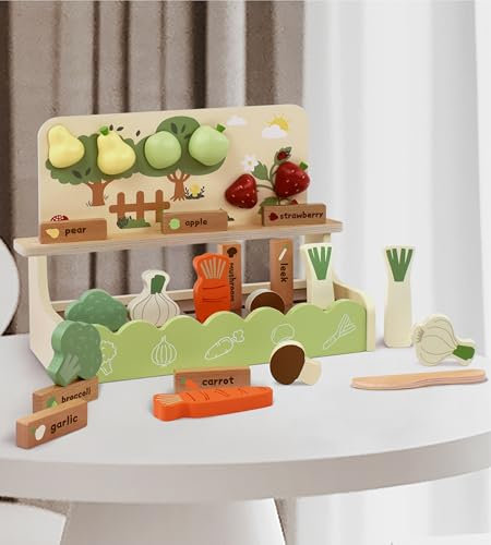 Little Log Set di Giocattoli da Giardino in Legno, Giocattolo per Alimentari in Legno, Accessori da Cucina per Bambini, Gioco di Ruolo, Frutta e Verdura