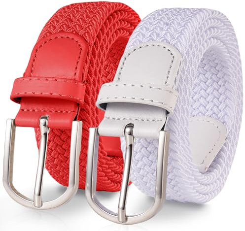 TANGCHAO 2 Stücke Stoffgürtel Stretchgürtel Elastik Flechtgürtel Geflochtener und Elastischer Dehnbarer Gürtel für Damen und Herren Breite 3.3cm Weiß+Rot 110cm