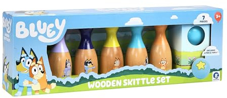 Bluey Wooden Classic Skittles, 7-Piece Colorful Set –FSC Certified Sustainable Wood –Indoor &Outdoor Bowling Game for Kids–Enhances Hand-Eye Coordination–Includes 6 Character Pins & 1 Ball