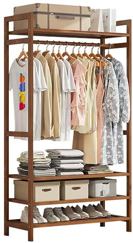 angelfanmily Bamboo Clothes Rail, Stand Freestanding Coat Garment Rack with Hanging Rod, 2 Shelves and Hooks, Open Wardrobe Clothing Hanger Storage Organiser for Bedroom Hallway, Natural Wood