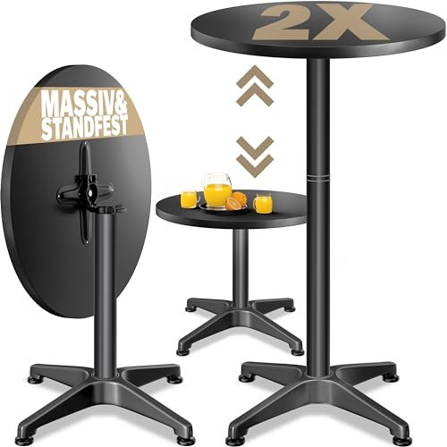 Casaria® Set 2 Tavoli da Bar 2in1 Regolabili Pieghevoli 70 cm/115 cm Resistenti Alluminio Ø 60 cm Tavolini Esterno Neri