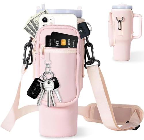 Stanley Trinkflaschen-Tragetasche, 1,2 l, mit Handytasche, Kartentasche, Bergsteiger-Schnalle und Schlüsselanhänger, schwarze multifunktionale Flaschentasche für Stanley Cup-Zubehör