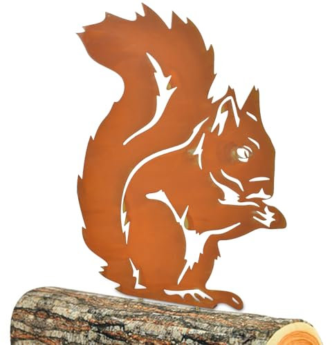 rusty Iron Standing Squirrel Statue, Decor with Rusty Patina, 8.26 x 11.02 Inch Squirrel Tree Stake, for Home Garden Yard Outdoor