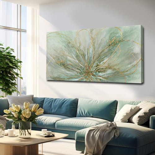 YJYart Green Flowers Canvas Wall Art Modern Paintings with Gold Foil Abstract Nature Wall Decorations for Home Office Living Room Bedroom 24 x 48