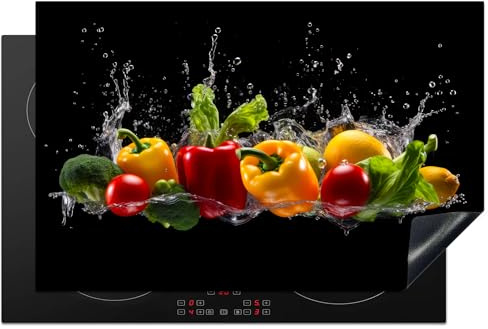 KitchenYeah© Herdabdeckplatte Einteilig Abdeckplatten Cerankochfeld | 80x52 cm - Abdeckung Ceranfeld Herdplattenabdeckung Induktionsmatte Paprika - Wasser - Gemüse - Schwarz
