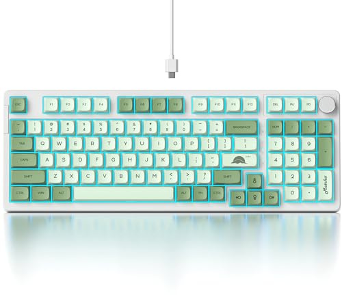 Fogruaden Clavier mécanique filaire vert matcha crémeux avec pavé numérique, clavier de jeu RVB remplaçable à chaud avec bouton, disposition complète 98 touches, support de joint personnalisé