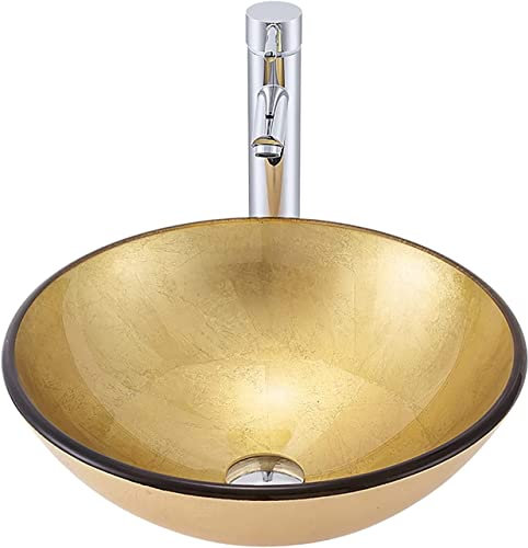 Bagno soprapiano Lavabi Lavandino Da Appoggio Color Oro, Lavabo In Vetro Temperato Sulla Parte Superiore, Lavabo Da Bagno Rotondo, Lavabo Da Appoggio Con Rubinetto, Combinazione Di Scarico E Anello Di