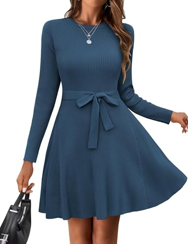 Hotouch Vestido de suéter para mujer, vestido de manga larga, cuello redondo, vestido de punto, informal, línea A, vestido de invierno con cinturón, elegante vestido midi