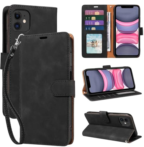 GOTOURED for iPhone 11 Phone Case Wallet, RFID Blocking Card Holder, Black | 4 Card Slots, Wrist Strap, Soft PU Leather Flip Cover, Kickstand, Cash Pocket, Magnetic Closure, TPU Shell Protective
