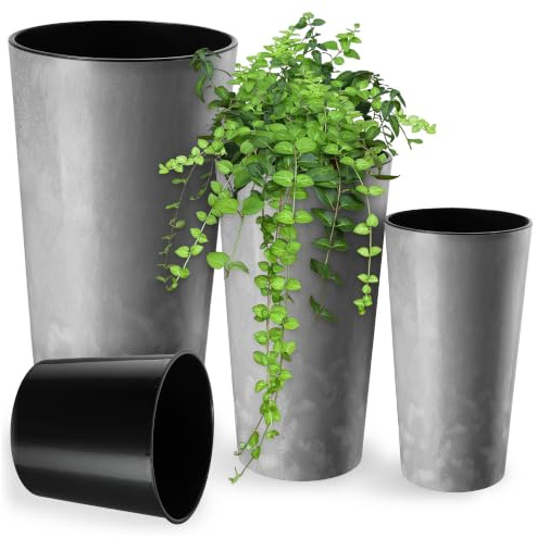 KADAX 3er Set Blumentopf mit Holzspänen, eleganter Übertopf mit herausnehmbarer Einlage, Blumentopfschutz für Büro, Blumenkübel, Topf, Gartenschale (Grauer Beton)
