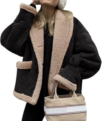 loveimgs Femmes Manteau en cuir avec doublure sherpa surdimensionné en fausse daim et polaire avec fermeture éclair - Manteau d'hiver de motarde et d'aviatrice, Noir , M
