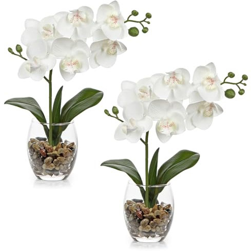 Arborus 2 STK Kunstblumen Orchidee 30 cm Künstliche Orchidee wie Echt Weiß Künstliche Blumen im Glas Klein Dekoblumen für Tischdeko Regal Fensterbank Balkon Deko im Wohnzimmer Badezimmer Esszimmer