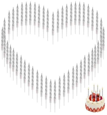 Lot de 50 Bougies Anniversaire Argenté avec Supports, Bougies Argente Décoration pour Gâteaux de Mariage et Fêtes, Bougies Anniversaire Adulte Idéales pour Fêtes, Mariages, Célébrations, Sans Fumée