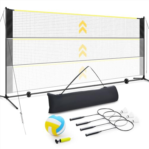 Patiassy Filet de Badminton et Volleyball de 5.18M- Filet de Sport réglable en Hauteur extérieur avec poteaux, 4 Raquettes de Badminton, 3 Volants et 1 Volley-Ball pour arrière-Cour, Plage, Jardin