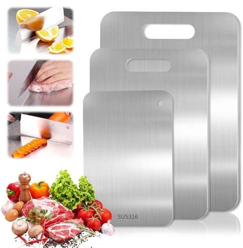 Lot de 3 planches à découper en titane - Planche à découper en acier inoxydable S316 - Planche à découper en titane double face de qualité alimentaire - Planche à découper en titane pour viande