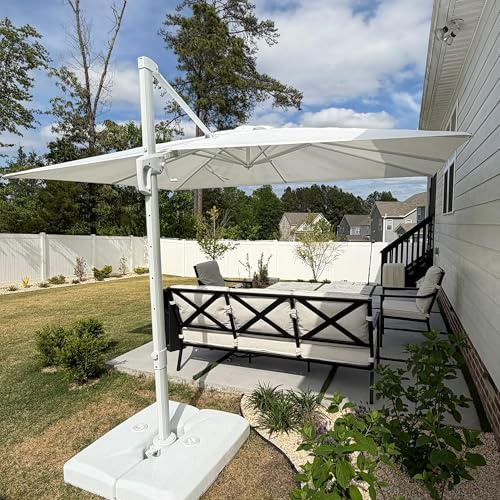 PURPLE LEAF Sombrilla Terraza Exterior 3 x 4 m con Bases, Parasol Jardin Grandes Tela UV50+ Protección Solar con Manivela, 360° Rotación, 5 Inclinaciones, Blanco