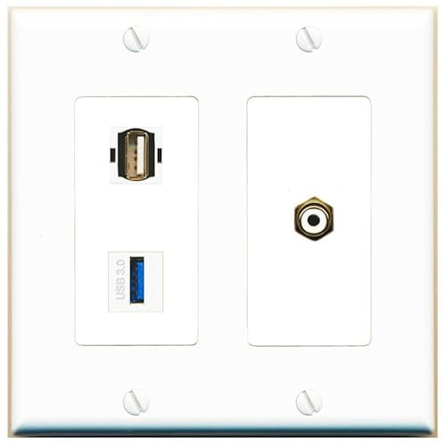 RiteAV Placa de pared hembra de 2 puertos RCA, color blanco, USB-3, USB2, color blanco