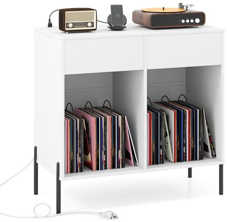 COSTWAY Record Player Stand with Charging Station, Turntable Stand End Side Table with 2 Drawers and 6 Dividers, Metal Legs Albums Vinyl Record Storage Cabinet Holder for Living Room Bedroom, White