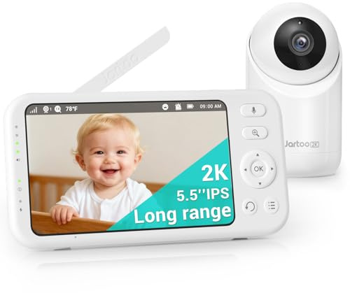 Jartoo Babyphone mit Kamera ohne WLAN, 5,5 Zoll 2K FHD, 566m hohe Reichweite Babyphone, AI Weinender Alarm, Infrarot-Nachtsicht 6000 mAh24-Stunden-Akku, 2-Wege-Audio