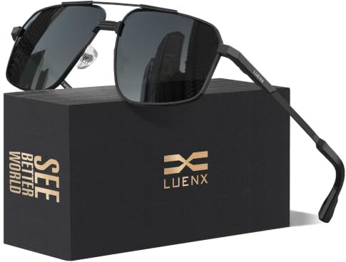 LUENX Polarised Sunglasses Mens Womens UV400-Protection Square Polygon Sunglasses Retro Sun Glasses Ultralight Shades For Cycling Driving Fishing 60mm,Black Lens Black Frame