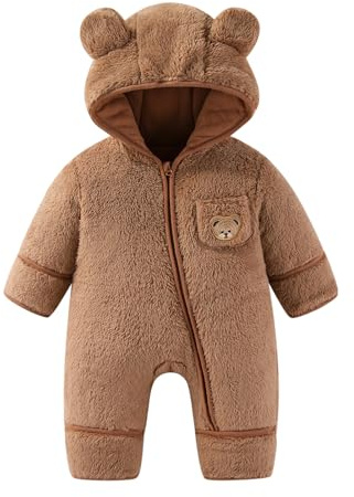 JiAmy Baby vinter overall, småbarn björn huva hopfällbar över vantar strumpor overall småbarn varm fleece sparkbyxor flickor pojkar varma kläder 0–3 månader