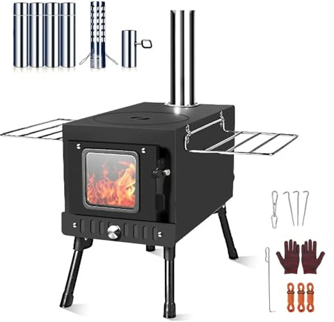 Camping Stove Portable Folding Wood Burning Camping Stove Includes Chimney Pipes For Tent Heating And Cooking