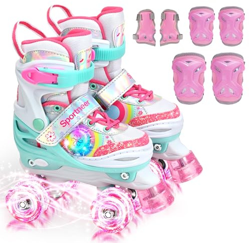 Patins à roulettes pour Filles avec 4 Tailles réglables, Patins à roulettes pour Tout-Petits avec 8 Roues à Del Clignotantes latérales, Chaussures de Patinage Lumineuses avec équipement de Protection