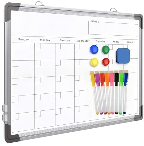 Magnetic Whiteboard, Dry Erase Calendar Whiteboard, Double-Sided White Board for Office, School, Kitchen, Planning, Memo, Home (40 x 30cm)