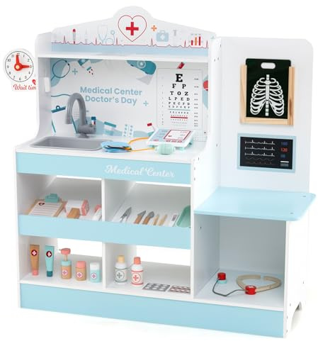 DREAMADE Krankenhaus Spielset, Arztkoffer Kinder aus Holz mit 24 Zubehörteilen, Stethoskop, Blutdruckmessgerät & Spüle, Arzt Rollenspielzeug für Kinder ab 3 Jahren (Blau)