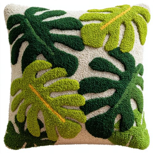 Henypt Kit Crochet de Verrouillage Feuilles vertes Loquet Crochet Kits,Kit Point Noué Coussin,Latch Hook Canevas Coussin Point 43x43cm