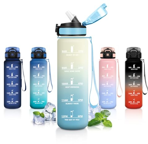 Sport Trinkflasche 1L, Auslaufsichere Trinkflasche mit strohhalm, Motivierende Wasserflasche mit Zeitmarkierung, Kohlensäure Geeignet, Sportflasche für Schule, Camping, Fitness, Laufen, Radfahren